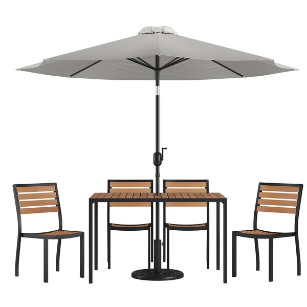 Flash Furniture Faux Teak 30x48 Table-Gray Umbrella-Base-4 Chairs - XU-DG-304860364-UB19BGY-GG