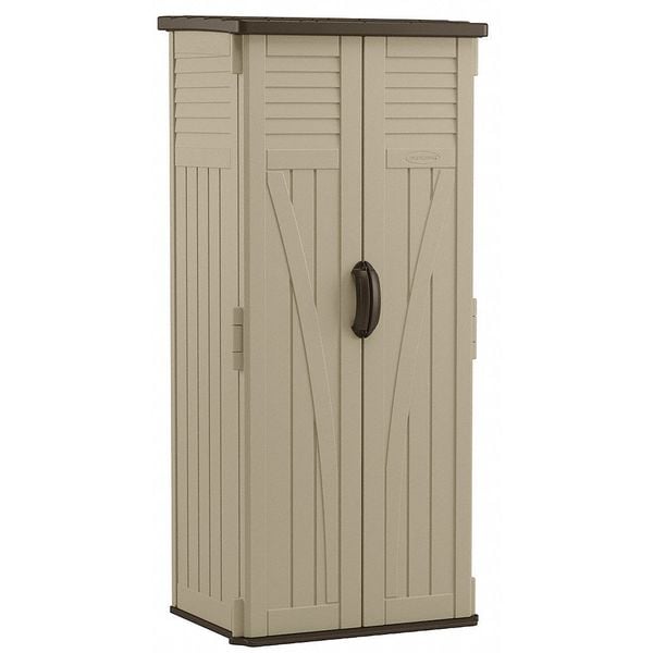 Suncast 22 cu ft Resin Vertical Shed, 2 ft 8.25 in W x 2 ft 1.5 in D x 6 ft H, Sand/Mustang, 2 Swing Doors - BMS2000