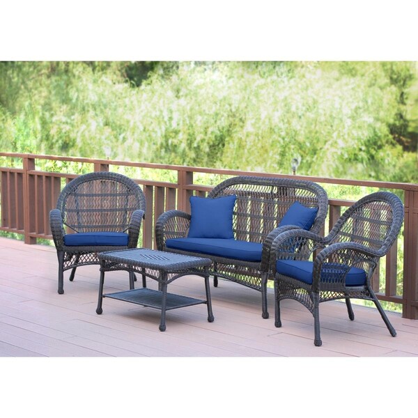 Jeco 4 Piece Santa Maria Espresso Wicker Conversation Set, Navy Blue Cushion - W00208-G-FS011
