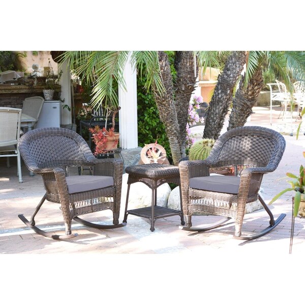 Jeco W00201R-A-2-RCES033 Espresso Rocker Wicker Chair Set with Steel Blue Cushion - 3 Piece - W00201R-A_2-RCES033