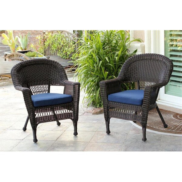 Jeco W00201-2-FS011-CS Espresso Wicker Chair with Blue Cushion, 2PK - W00201_2-FS011-CS