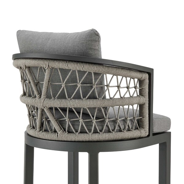 Armen Living Zella Outdoor Patio Bar Stool in Aluminum with Light Gray Rope and Earl Gray Cushions - LCZEBAGRY30