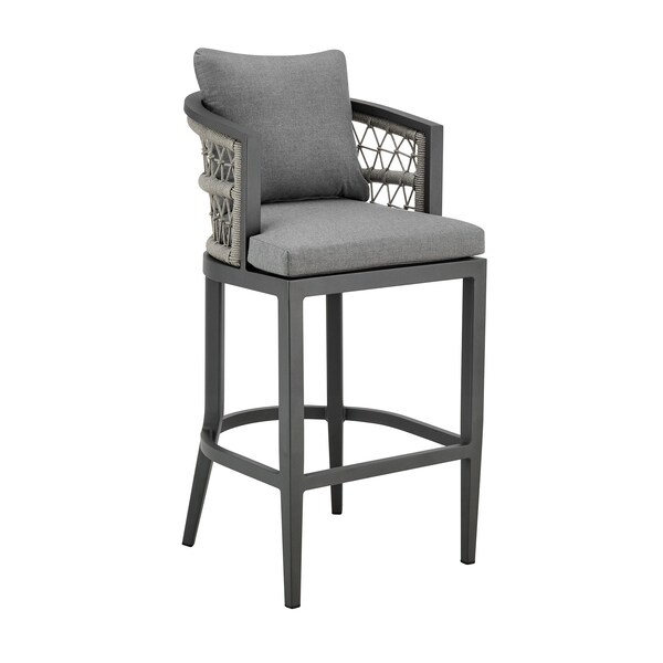 Armen Living Zella Outdoor Patio Bar Stool in Aluminum with Light Gray Rope and Earl Gray Cushions - LCZEBAGRY30