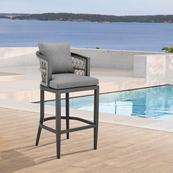 Armen Living Zella Outdoor Patio Bar Stool in Aluminum with Light Gray Rope and Earl Gray Cushions - LCZEBAGRY30