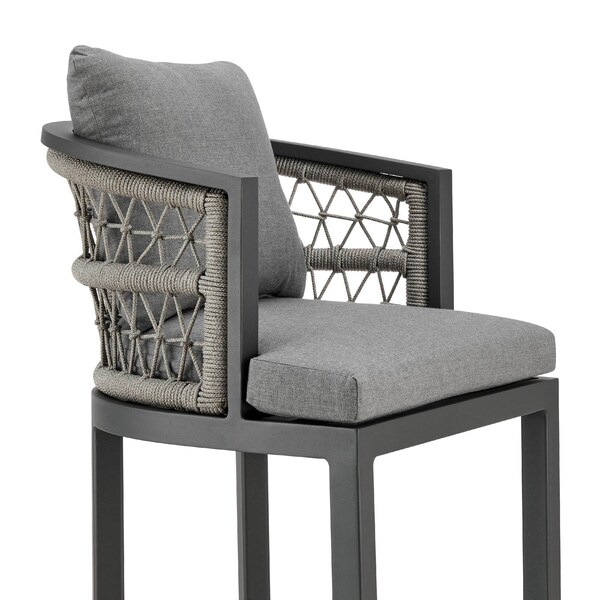 Armen Living Zella Outdoor Patio Bar Stool in Aluminum with Light Gray Rope and Earl Gray Cushions - LCZEBAGRY30