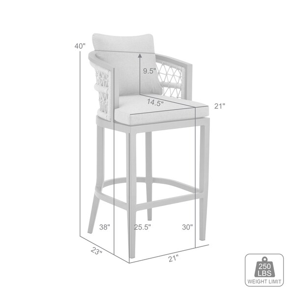 Armen Living Zella Outdoor Patio Bar Stool in Aluminum with Light Gray Rope and Earl Gray Cushions - LCZEBAGRY30