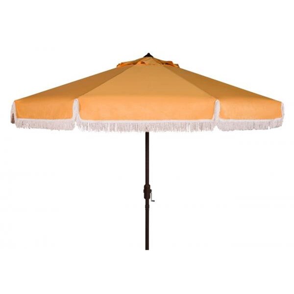 Safavieh 9 ft. Milan Fringe Crank Outdoor Push Button Tilt Umbrella; Yellow & White - PAT8008D