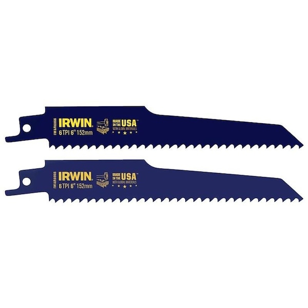 Irwin Reciprocating Saw Blade, 0865 in W, 6 in L, 6 TPI, HSS Cutting Edge - 2018872