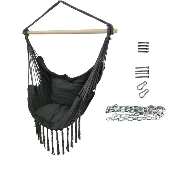 Tepee Supplies Hanging Rope Swing Hammock Chair with Side Pocket & Wooden Spreader Bar Grey - TE3314841