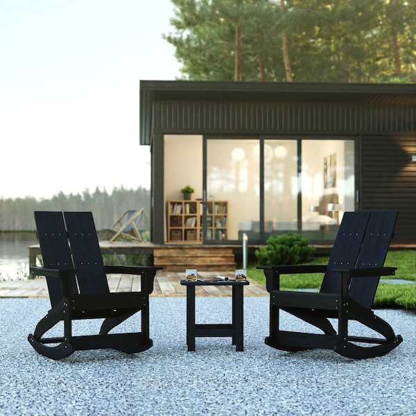 Flash Furniture 2 Modern Black Adirondack Rockers & Side Table - JJ-C14709-2-T14001-BK-GG