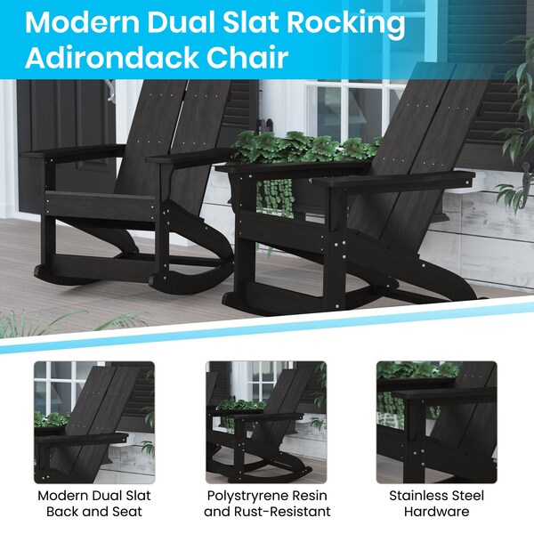 Flash Furniture 2 Modern Black Adirondack Rockers & Side Table - JJ-C14709-2-T14001-BK-GG