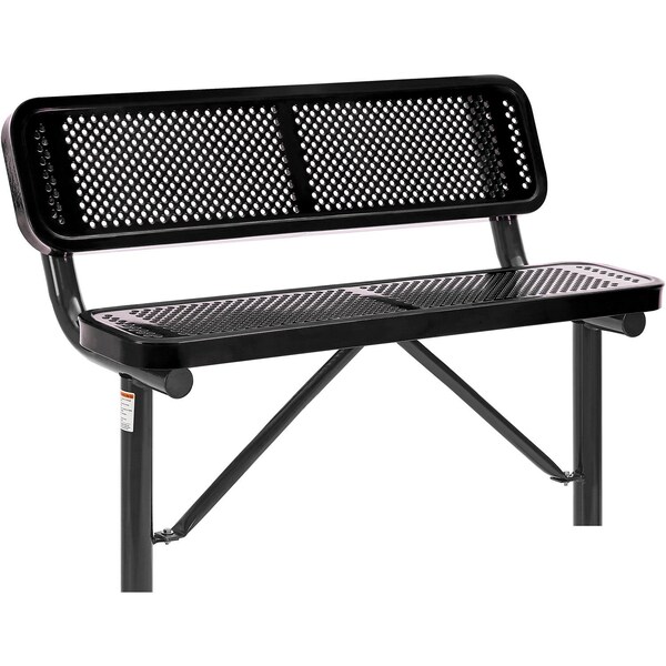 Global Industrial 4ft Outdoor Steel Bench w/ Backrest, Perforated Metal, In Ground Mount, Black - 695744IBK