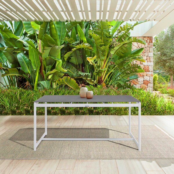 Armen Living Royal White Aluminum and Teak Outdoor Dining Table with Stone Top - 840254332812