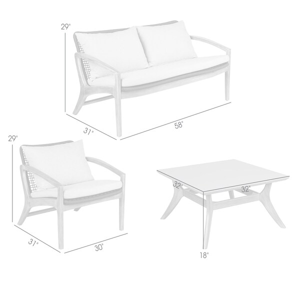 Armen Living Brighton 4 Piece Outdoor Patio Seating Set in Dark Eucalyptus Wood with Gray Rope and White Cushions - 840254336100