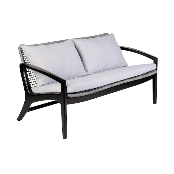 Armen Living Brighton 4 Piece Outdoor Patio Seating Set in Dark Eucalyptus Wood with Gray Rope and White Cushions - 840254336100