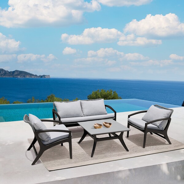 Armen Living Brighton 4 Piece Outdoor Patio Seating Set in Dark Eucalyptus Wood with Gray Rope and White Cushions - 840254336100