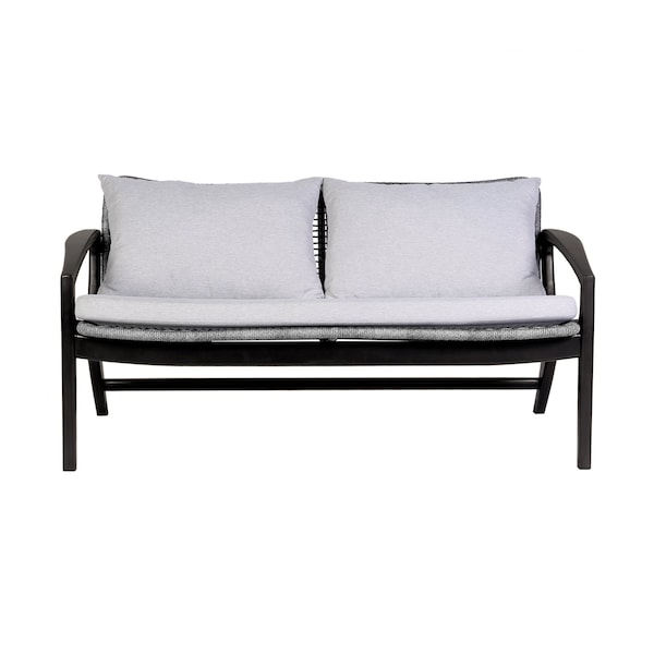 Armen Living Brighton 4 Piece Outdoor Patio Seating Set in Dark Eucalyptus Wood with Gray Rope and White Cushions - 840254336100