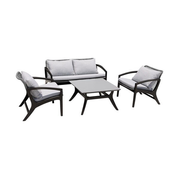 Armen Living Brighton 4 Piece Outdoor Patio Seating Set in Dark Eucalyptus Wood with Gray Rope and White Cushions - 840254336100