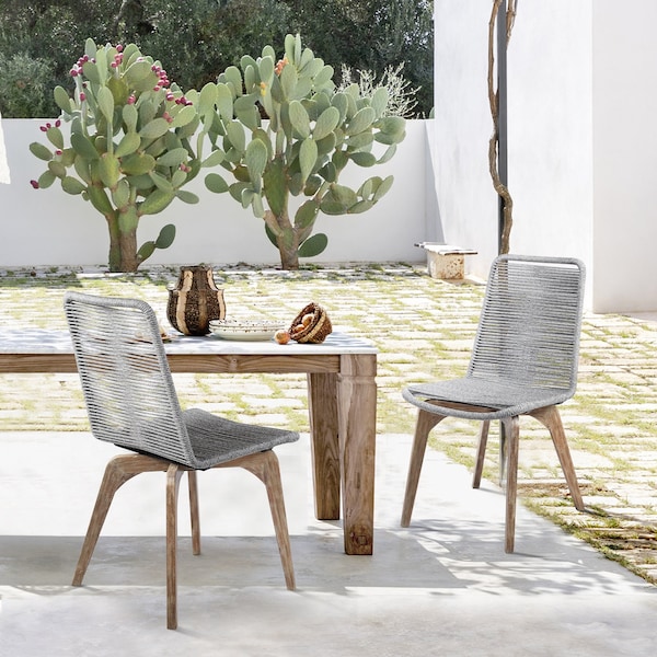 Armen Living Island Outdoor Light Eucalyptus Wood and Gray Rope Dining Chairs - Set of 2 - LCISSIGR