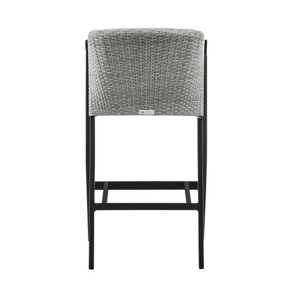Armen Living Palma Outdoor Patio Bar Stool in Aluminum and Wicker with Gray Cushions - LCPFBAGR30