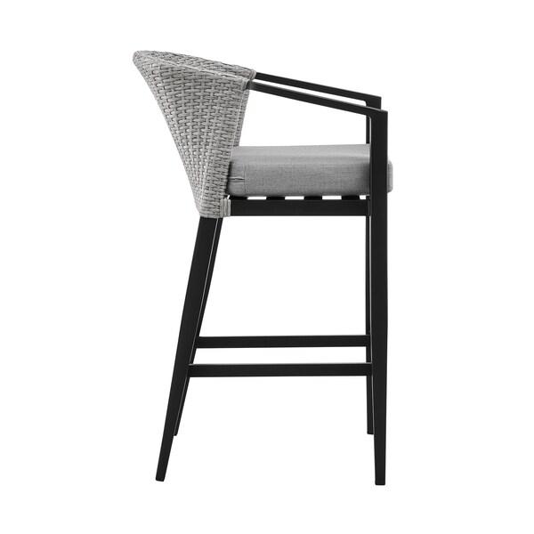 Armen Living Palma Outdoor Patio Bar Stool in Aluminum and Wicker with Gray Cushions - LCPFBAGR30