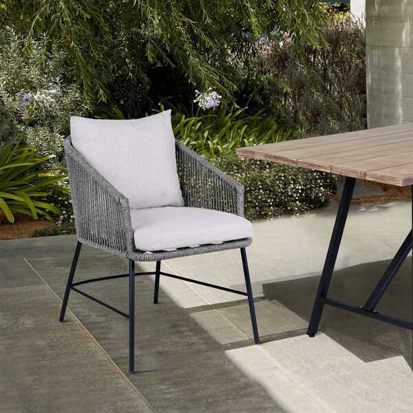 Armen Living Calica Outdoor Patio Dining Chair in Black Metal and Gray Rope - 840254332294