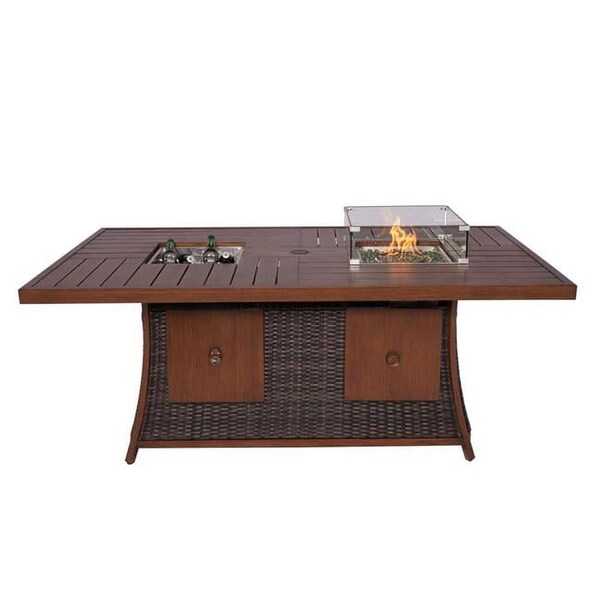 Direct Wicker Outdoor Patio Gas Firepit and Ice Container Rectangle Dining Table, Brown - UBS-1106FI-BROWN