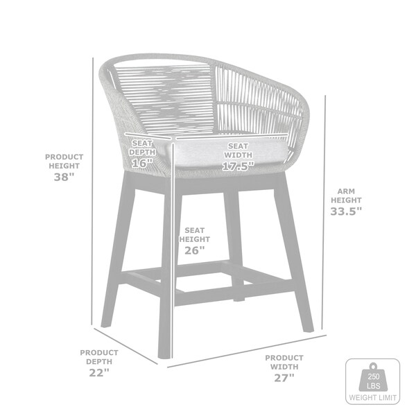 Armen Living Tutti Frutti Indoor Outdoor Counter Height Bar Stool in Black Brushed Eucalyptus Wood with Gray Rope - LCTFBAGRBL26