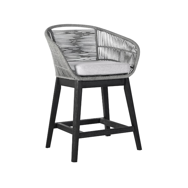 Armen Living Tutti Frutti Indoor Outdoor Counter Height Bar Stool in Black Brushed Eucalyptus Wood with Gray Rope - LCTFBAGRBL26