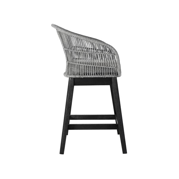 Armen Living Tutti Frutti Indoor Outdoor Counter Height Bar Stool in Black Brushed Eucalyptus Wood with Gray Rope - LCTFBAGRBL26