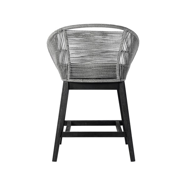 Armen Living Tutti Frutti Indoor Outdoor Counter Height Bar Stool in Black Brushed Eucalyptus Wood with Gray Rope - LCTFBAGRBL26