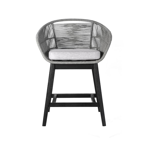 Armen Living Tutti Frutti Indoor Outdoor Counter Height Bar Stool in Black Brushed Eucalyptus Wood with Gray Rope - LCTFBAGRBL26