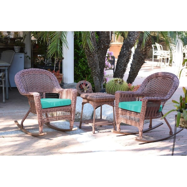Jeco W00205R-C-2-RCES032 Honey Rocker Wicker Chair Set with Turquoise Cushion - 3 Piece - W00205R-C_2-RCES032