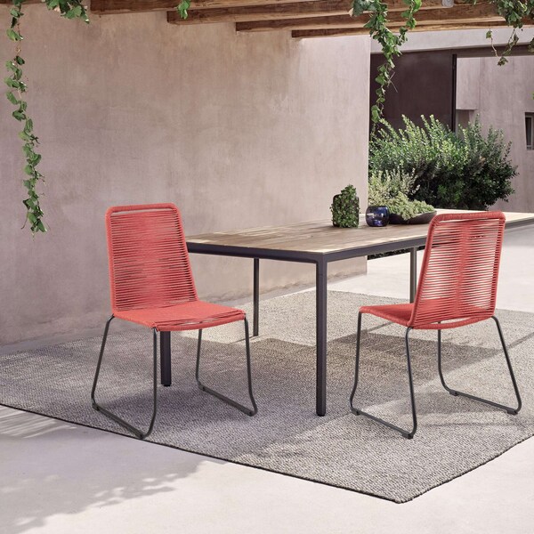 Armen Living Shasta Outdoor Metal and Brick Red Rope Stackable Dining Chair - Set of 2 - LCSHSIBRK