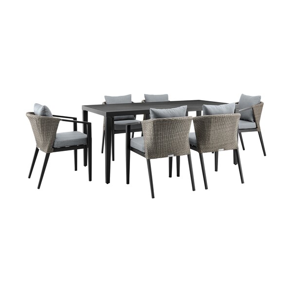 Armen Living Aileen Outdoor Patio 7-Piece Dining Table Set in Aluminum and Wicker with Gray Cushions - 840254333222
