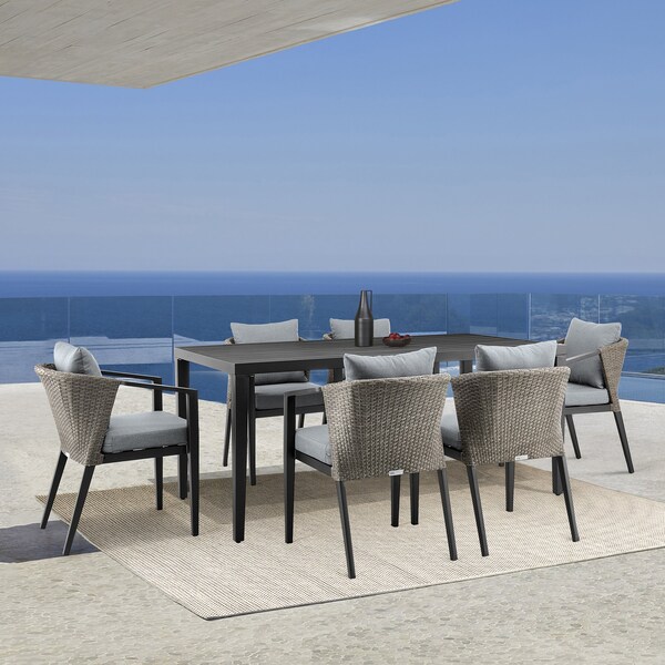 Armen Living Aileen Outdoor Patio 7-Piece Dining Table Set in Aluminum and Wicker with Gray Cushions - 840254333222