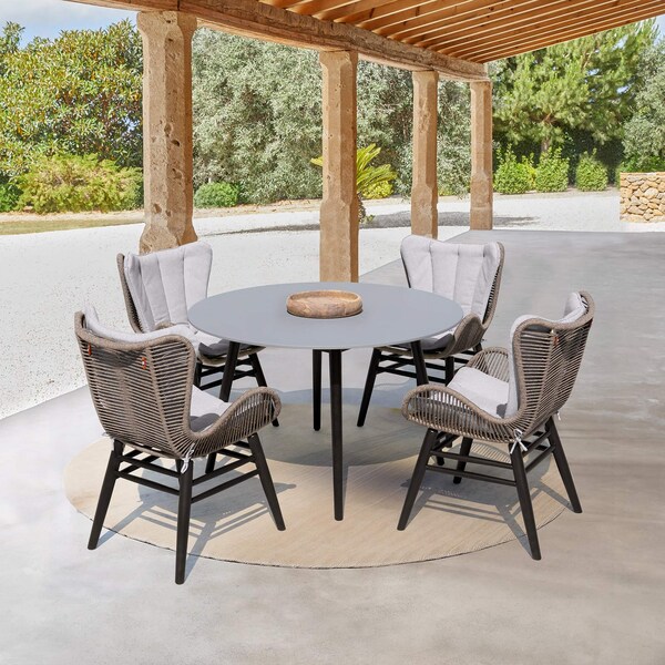 Armen Living Sydney and Fanny 5 Piece Outdoor Patio Dining Set in Dark Eucalyptus Wood - 840254335950