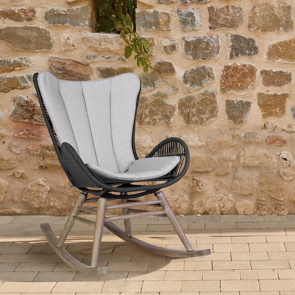 Armen Living Fanny Outdoor Patio Rocking chair in Light Eucalyptus Wood and Charcoal Rope - 840254332263