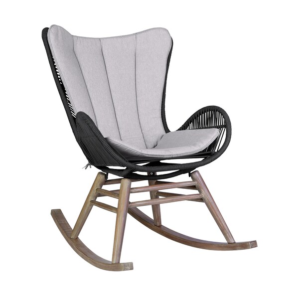 Armen Living Fanny Outdoor Patio Rocking chair in Light Eucalyptus Wood and Charcoal Rope - 840254332263