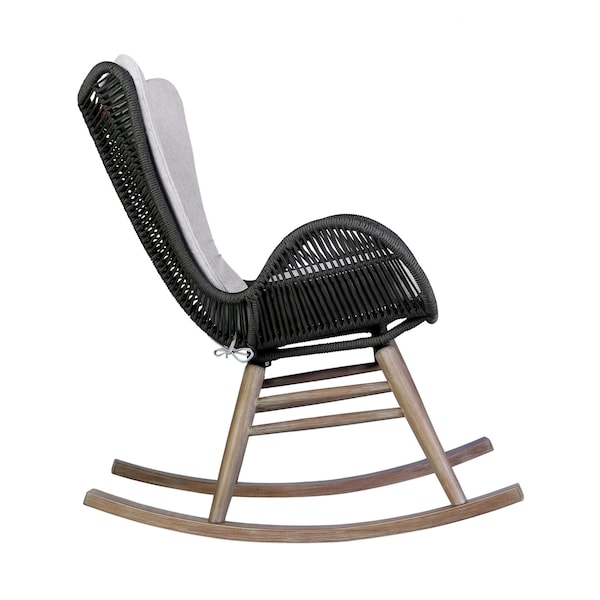Armen Living Fanny Outdoor Patio Rocking chair in Light Eucalyptus Wood and Charcoal Rope - 840254332263