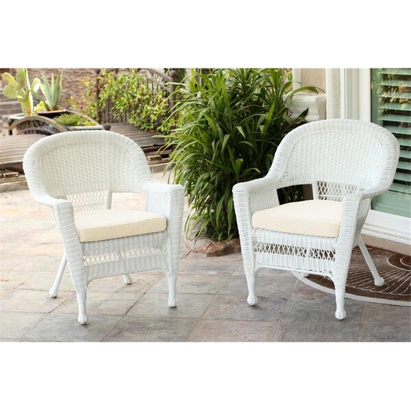 Jeco W00206-C-2-FS001-CS White Wicker Chair with Ivory Cushion, 2PK - W00206-C_2-FS001-CS