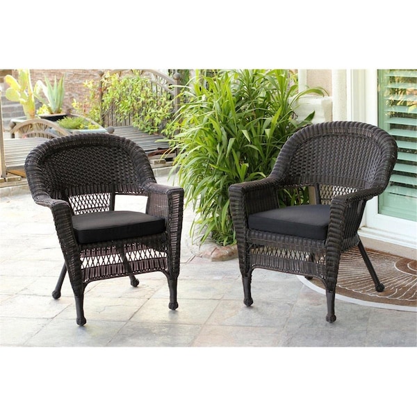 Jeco W00201-2-FS017-CS Espresso Wicker Chair with Black Cushion, 2PK - W00201_2-FS017-CS