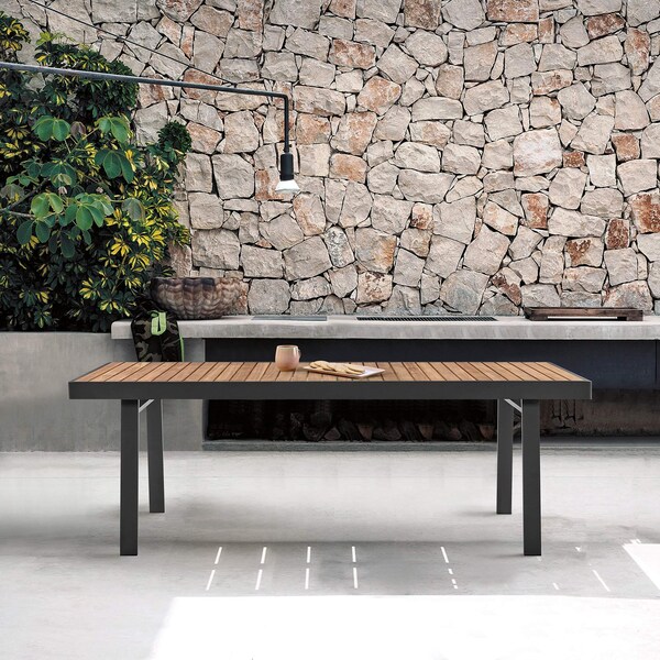 Armen Living Nofi Outdoor Patio Dining Table in Charcoal Finish with Teak Wood Top - LCNODIGR