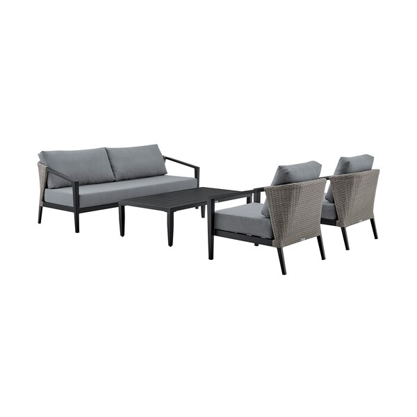 Armen Living Aileen Outdoor Patio 4-Piece Lounge Set in Aluminum and Wicker with Gray Cushions - 840254333239