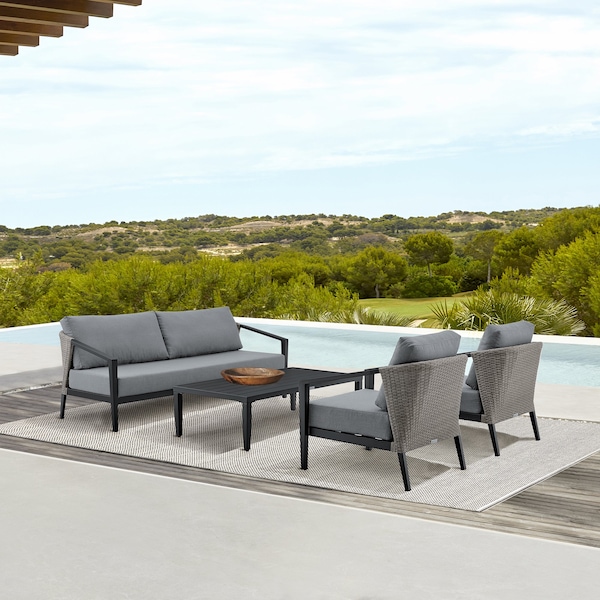 Armen Living Aileen Outdoor Patio 4-Piece Lounge Set in Aluminum and Wicker with Gray Cushions - 840254333239
