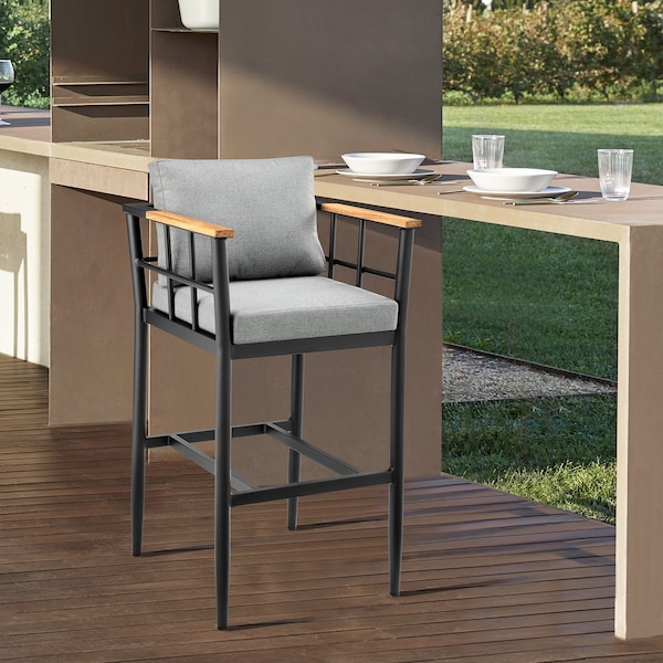 Armen Living Wiglaf Outdoor Patio Counter Height Bar Stool in Aluminum and Teak with Gray Cushions - 840254333048