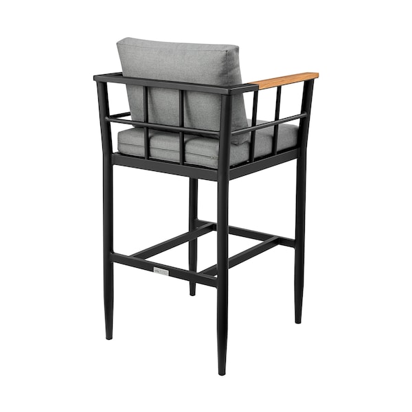 Armen Living Wiglaf Outdoor Patio Counter Height Bar Stool in Aluminum and Teak with Gray Cushions - 840254333048