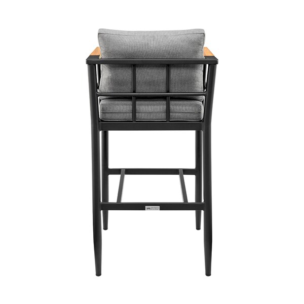 Armen Living Wiglaf Outdoor Patio Counter Height Bar Stool in Aluminum and Teak with Gray Cushions - 840254333048