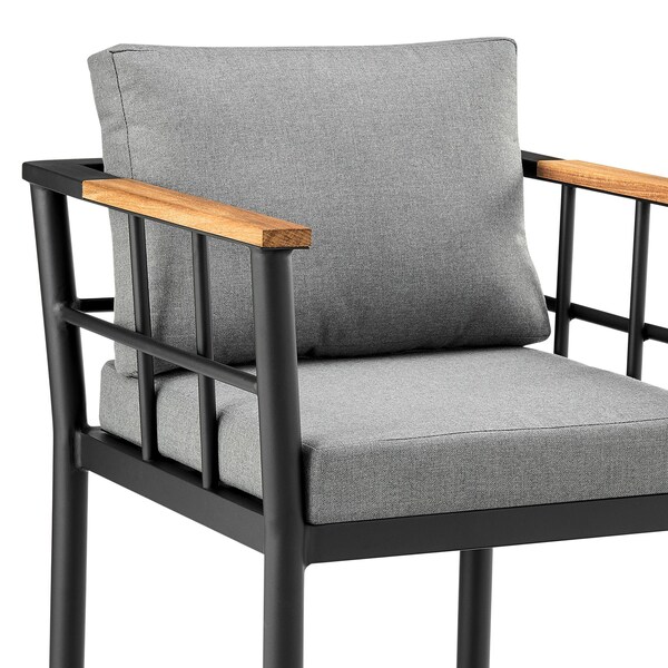 Armen Living Wiglaf Outdoor Patio Counter Height Bar Stool in Aluminum and Teak with Gray Cushions - 840254333048