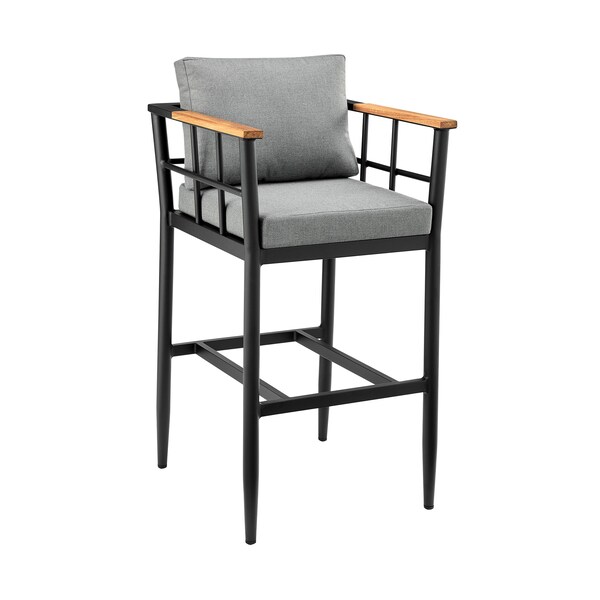 Armen Living Wiglaf Outdoor Patio Counter Height Bar Stool in Aluminum and Teak with Gray Cushions - 840254333048